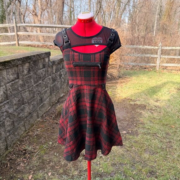 Killstar Red Plaid Mesh & Faux Leather Strap Skater Dress - Picture 4 of 13